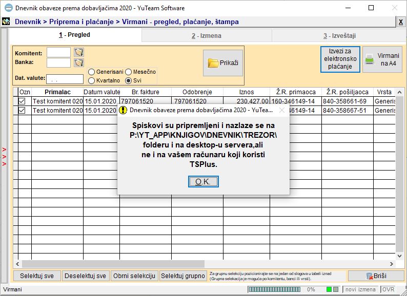 Virmani - Izvoz za elektronsko placanje Trezor, poruka